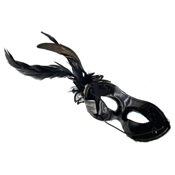 🎭TEAL/BLACK MASQUERADE HALLOWEEN MASK WITH SEQUINS, LACE, FABRIC ROSE & FEATHER - Picture 5 of 6